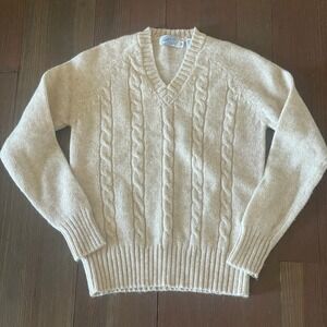 Northern Isles Vintage Cream New Zealand Wool Blend  V-Neck Cable Knit Sweater